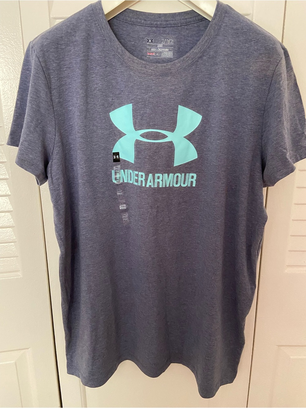 Under Armour Women's Navy Heather Tee with Aqua Logo